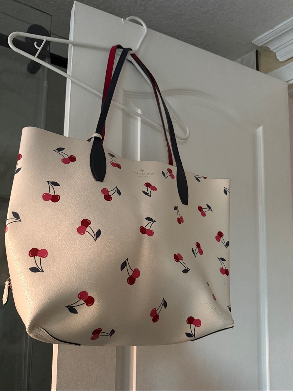 kate spade Cream Tote with Red Cherry Print and Black Straps